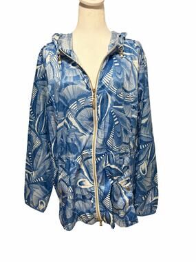 Greg Norman Blue Tropical Print Hooded Windbreaker Jacket Women’s XL Zip Up